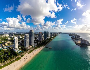 Obraz premium Aerial view of a coastal city with turquoise water and white sand beach