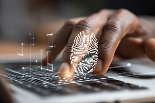 Authentication and identification. Zero trust access control and authorization. Businessperson using laptop computer for identity verification