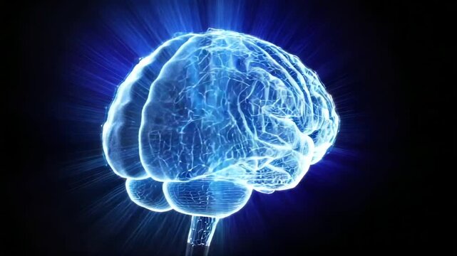 A glowing, blue, digital rendering of a human brain on a black background. Lights radiate outwards
