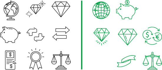 Fototapeta premium Set of finance and business icons. Representing global economy, savings, value, exchange, and success.