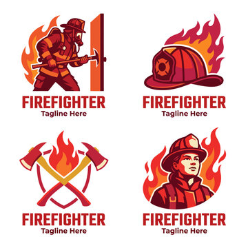 This image consists of various firefighter logos depicting brave firefighters, helmets, and crossed axes amidst flames, symbolizing heroism and emergency response.