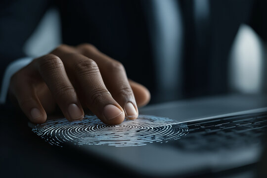 Authentication and identification. Zero trust access control and authorization. Businessperson using laptop computer for identity verification