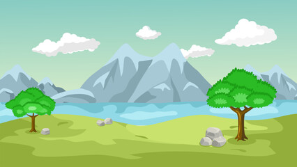 Obraz premium Beautiful Nature Landscape with Mountains, River and Forest, Minimalist Scenic View Vector Illustration for Background, Travel Poster and Outdoor Design