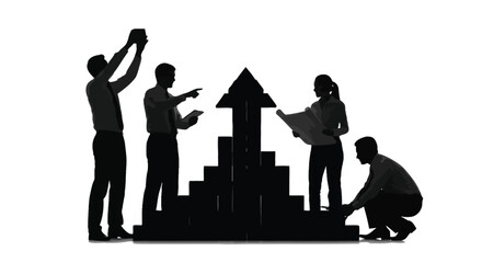 Fototapeta premium Silhouette of businesspeople building a graph with an upward arrow