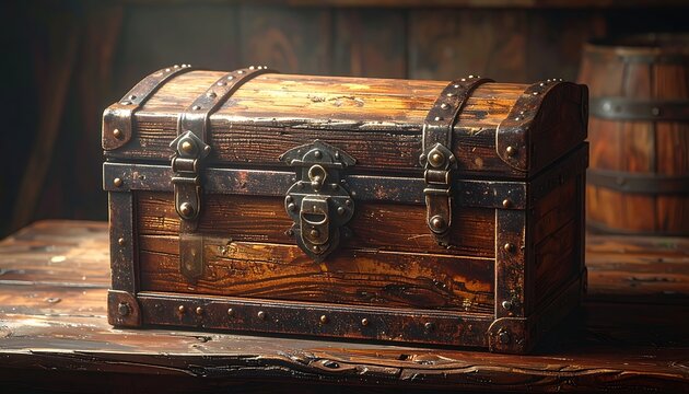 A wooden chest with metal accents on a table
