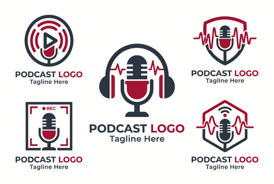 A distinctive set of podcast logos with a central microphone and accented sound waves, emphasizing audio creativity, communication, and entertainment in the podcasting world.