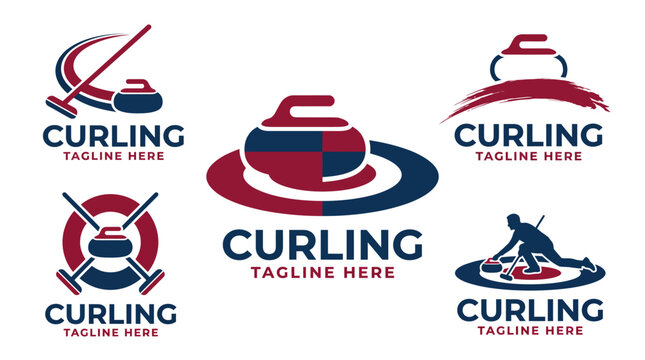 A dynamic collection of curling logos showcasing stones and brushes, capturing the essence of the sport and promoting curling clubs with a sporty and professional aesthetic.
