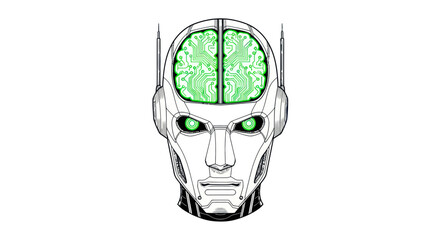 Robot head with glowing green brain. © Rohi