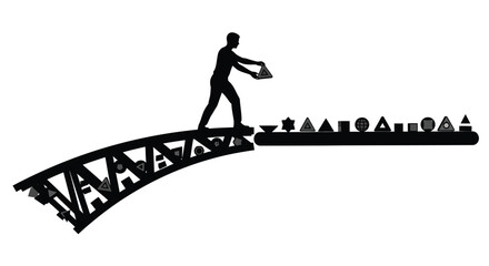 Fototapeta premium Man balancing on a bridge made of letters and shapes
