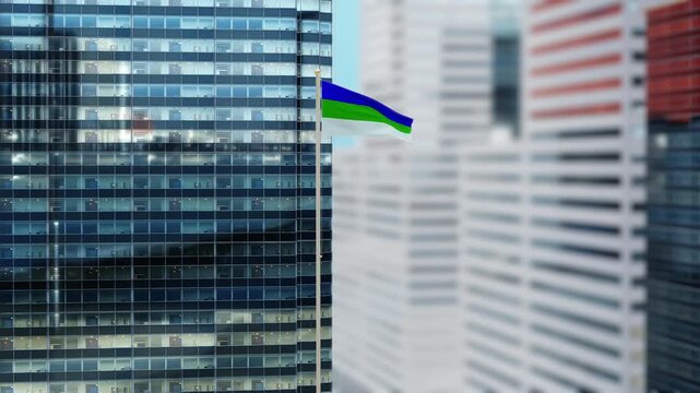 Komi Flag 3D Render Animation on Pole with Modern City Buildings - Shallow Depth of Field, Daytime View