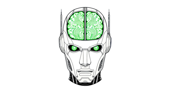 Robot head with glowing green brain.