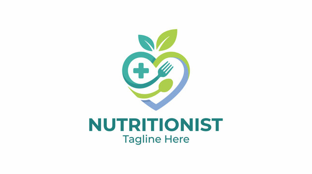 A modern logo design representing a nutritionist, combining a heart shape with a fork, spoon, and leaf elements, symbolizing health, wellness, and food guidance.