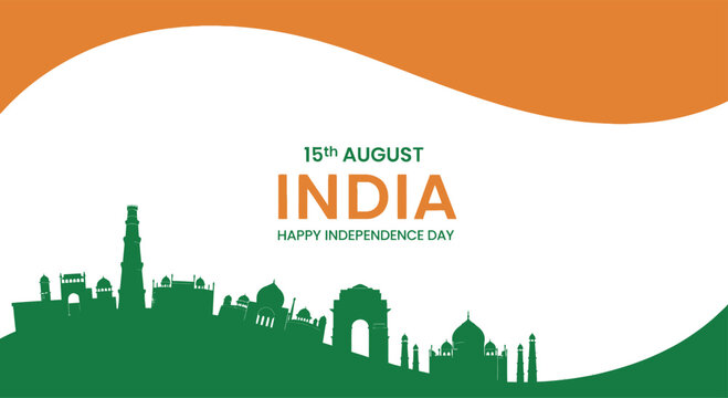 Independence Day Silhouette skyline of famous Indian monuments with tricolor wave background for Happy Independence Day of India 15 August India