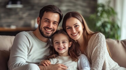 Naklejka premium Smiling family of three sitting together on a couch, enjoying quality time in a cozy living room