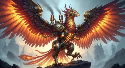 Obraz premium mechanical fire dragon with knight armor soaring over stormy mountains in dramatic fantasy battle scene