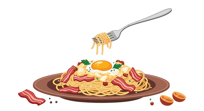 Delicious plate of spaghetti carbonara with bacon slices and a fried egg on top with a fork lifting noodles for a meal.