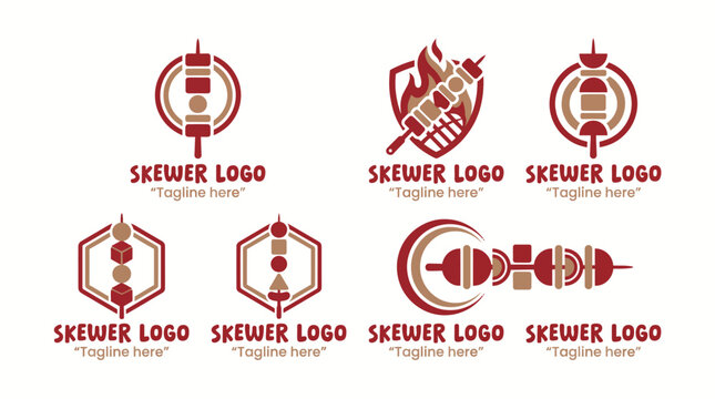 A diverse collection of skewer logos showcasing grilling themes, perfect for use in culinary branding, restaurants, or food truck imagery centered around grilled delights.
