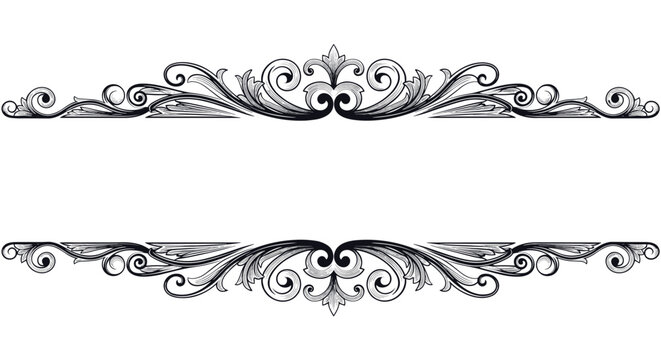 Elegant vintage scroll frame border with intricate floral patterns and central heart motifs for use on invitations.