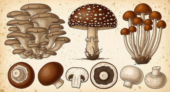 Vintage mushroom botanical illustrations on parchment. Hand-drawn set with oyster, amanita, and agaricus varieties. Engraving style ideal for culinary art and foraging guides.