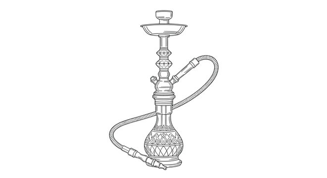 Intricate black and white line drawing of a traditional hookah or shisha water pipe with detailed patterns.