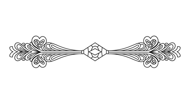 Symmetrical black and white decorative horizontal divider with floral scrolls and heart-shaped elements for cards.