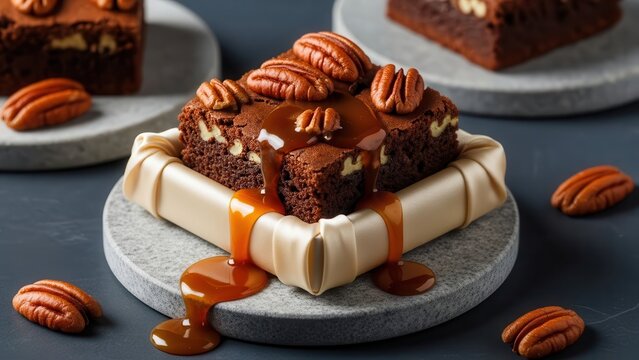 Chocolate brownie with pecans and caramel sauce on a stone plate