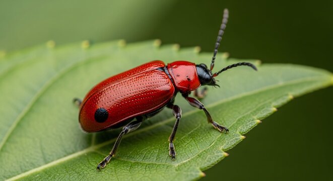Red beetle on green leaf