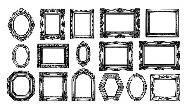 Retro picture frames hand drawn wooden oval and rectangular sketch vector set