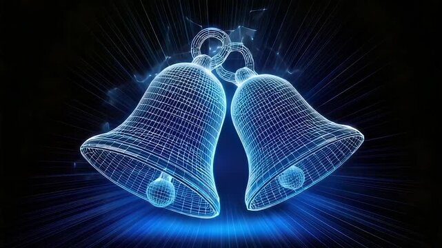 Two glowing wireframe bells linked at the top against a blue radiant background