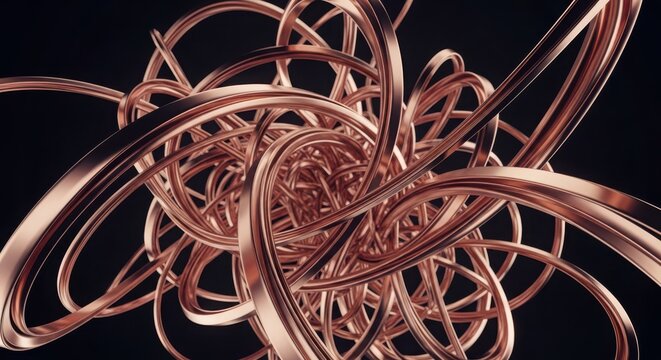 abstract copper wire mesh texture with intricate twisted loops on black background