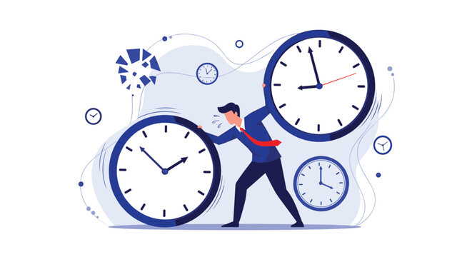 Stressed businessman in a blue suit tries to push a large clock against a backdrop of several other clocks and a broken one.