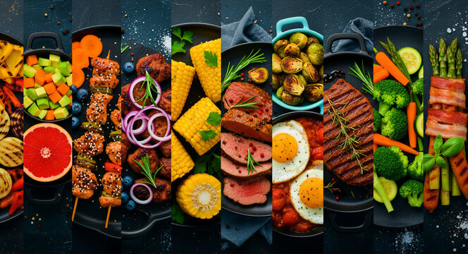 Variety of healthy meals featuring grilled steak, chicken, and vegetables. Protein rich dishes and roasted greens in a colorful collage. Balanced diet concept for nutrition and restaurant marketing.