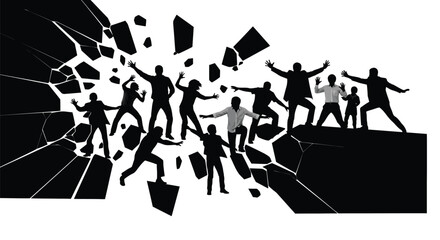 Fototapeta premium Silhouette of people jumping over broken glass wall in black and white vector illustration design