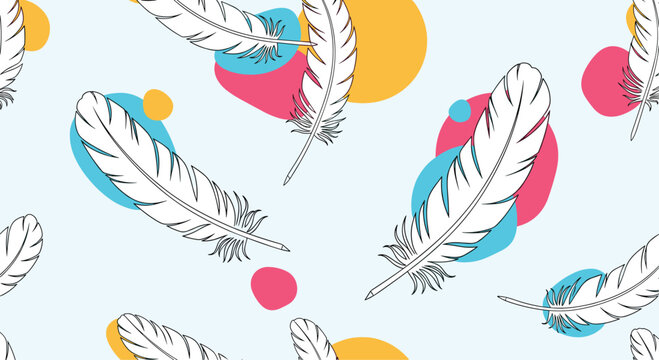 Elegant seamless pattern displays delicate white feathers floating amongst colorful abstract circles and shapes over a soft blue background.