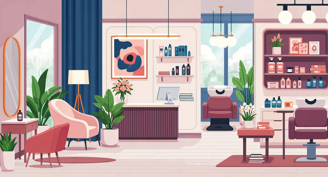Modern hair salon interior with styling chairs and reception area. Flat vector illustration of a beauty parlor with products and equipment. Hairdressing service concept, ideal for salon marketing.