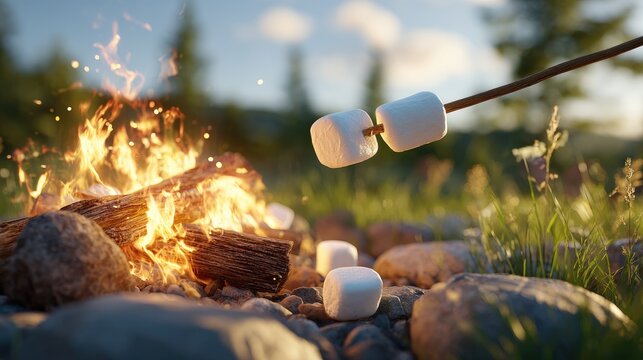 Roasting marshmallows over a campfire at dusk with soft sunlight