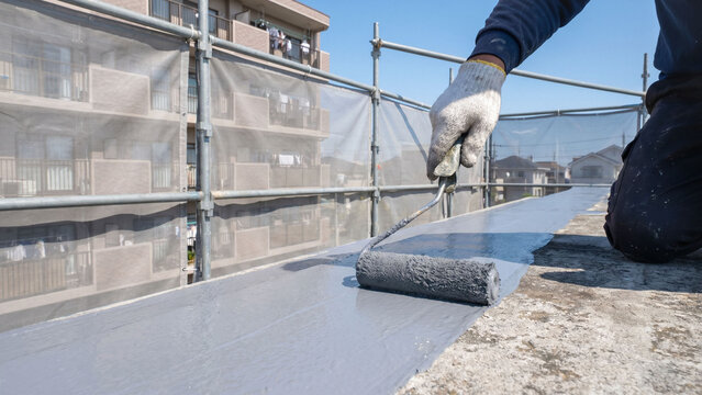 集合住宅を背景に、足場で囲われた建物の屋上端部へ防水塗料をローラーで丁寧に施工する作業員のクローズアップ。マンション修繕、屋上改修、防水メンテナンス、建築保守、住宅設備管理などの販促物や説明資料に適した、信頼感と現場感のある建設・施工イメージ素材