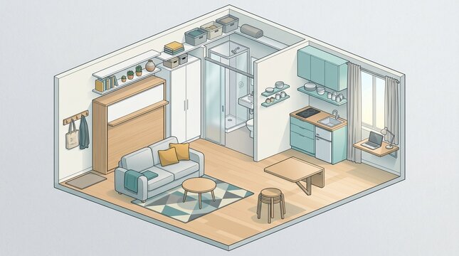 A 3d isometric illustration of a cozy studio apartment interior with sofa and kitchen