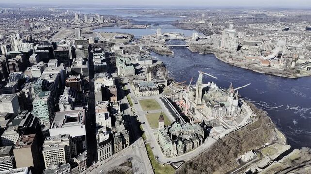 Aerial view of the capital Parliament under renovation the skyline of downtown Ottawa.