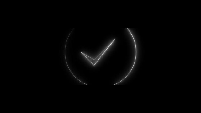 Neon white tick mark icon. glowing check mark animation, glowing neon line tick mark or confirm icon animation.  check mark icon black background. 