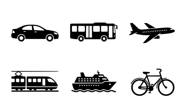 Transportation outline icon set car bus airplane train ship bicycle line art vector illustration isolated on white background