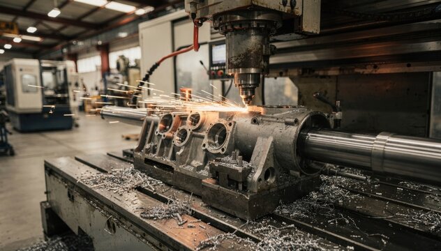 Medium shot of a large horizontal CNC machine precisely cutting a heavyduty crankcase from a solid metal casting in an industrial workshop setting.