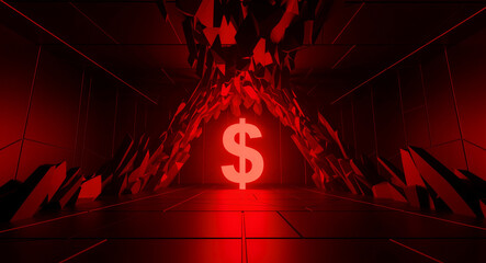 Fototapeta premium Glowing red dollar sign in a dark abstract geometric cave. Sharp crystalline shapes frame the currency symbol in a futuristic 3D render. Economic crisis and financial power concept.