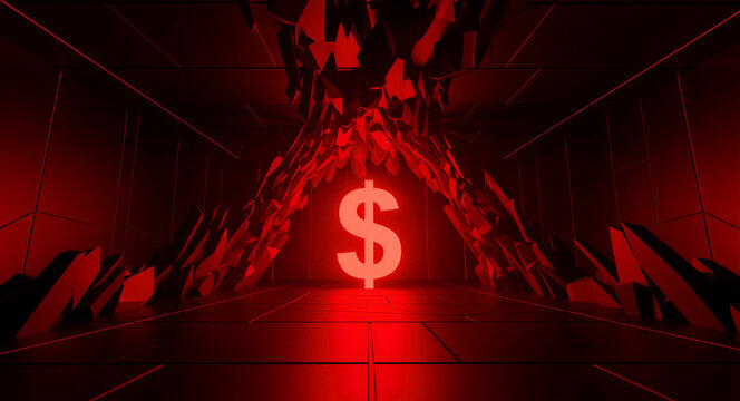 Glowing red dollar sign in a dark abstract geometric cave. Sharp crystalline shapes frame the currency symbol in a futuristic 3D render. Economic crisis and financial power concept.