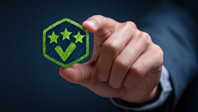 A hand holds a hexagonal badge with three stars and a checkmark