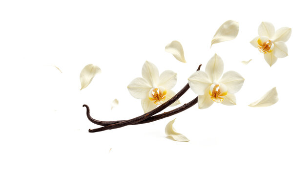 Vanilla beans orchids isolated dried aromatic pods with white flowers and falling petals on a transparent background