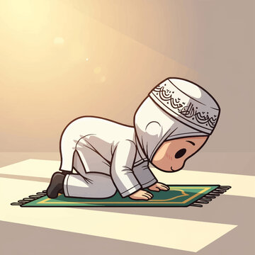 Chibi style illustration of a young Muslim boy wearing white thobe and embroidered kufi cap, performing sujud prostration on a green prayer rug with warm sunlight and lens flare.
