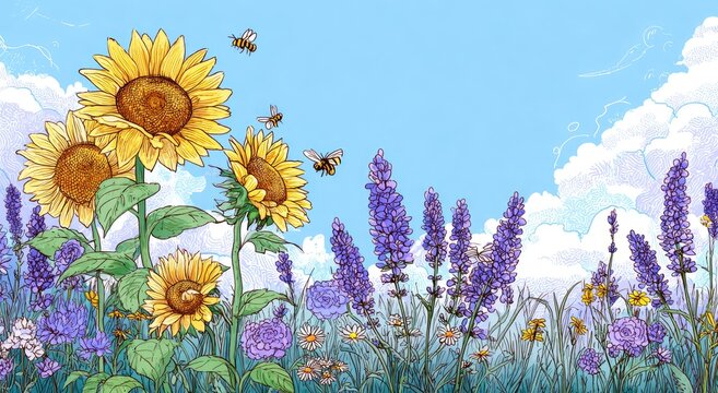 Blooming sunflowers and lavender fields under a bright sky with buzzing bees