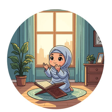 Cute chibi Muslim girl wearing a light blue hijab sitting on a prayer rug, making duaa with raised hands in a cozy room with an open Quran on a rehal stand near a large window.