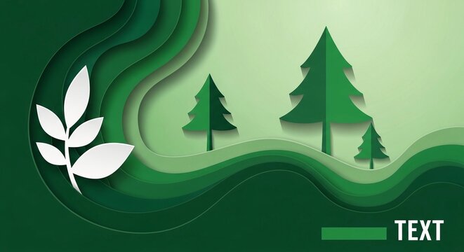 Abstract paper cut forest landscape featuring layered green pine trees
